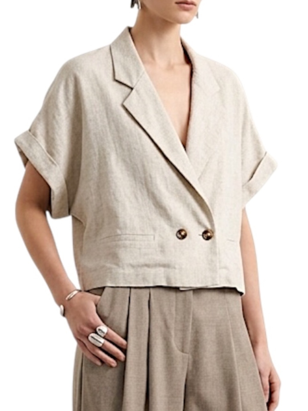 Womance Quebec linen blend beige boxy cropped short sleeve old money jacket 2X